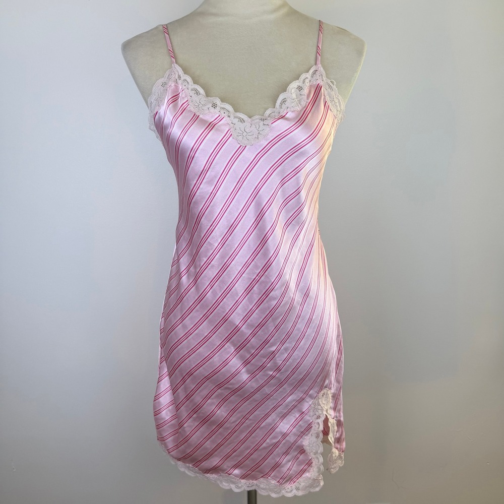 VTG Cruz Pink White Striped Satin Lace Trim Slip Dress Chemise Chic Slit Womens
